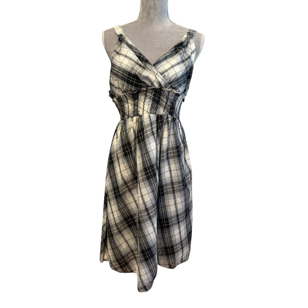 Smocked Waist Black & White Plaid Midi Dress